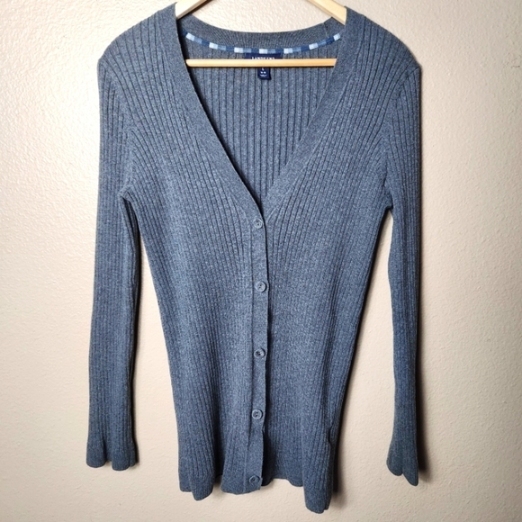 Lands End Y2K Charcoal Gray Heather Ribbed Button Front Cardigan-Size L - Picture 1 of 8